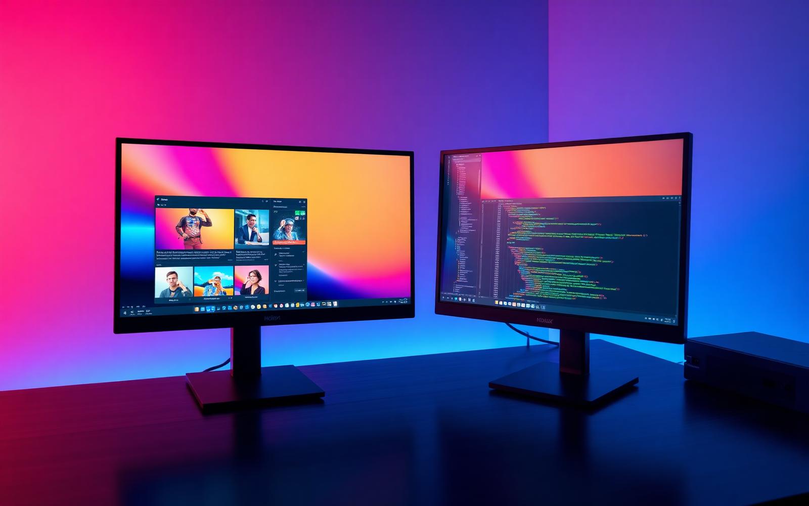 Web designer workspace with dual monitors